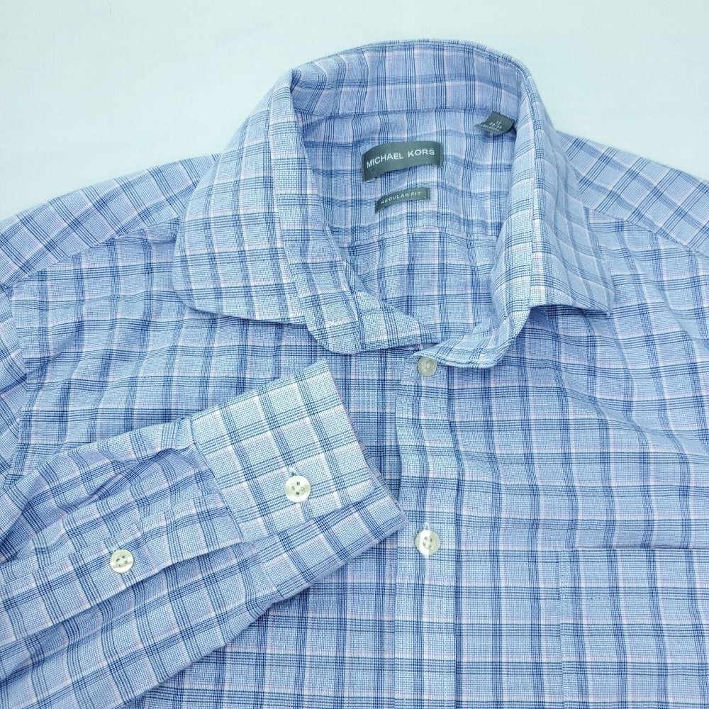 Michael Kors Dress Button Shirt Men XL 17 34/35 Blue Plaid Regular Fit Stretch